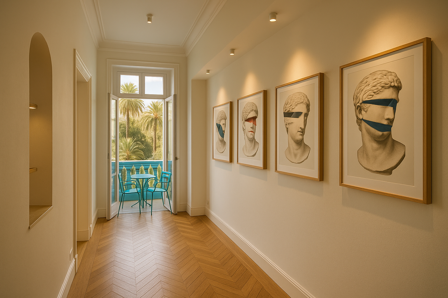 Couloir-galerie Sosno + balcon Fermob turquoise