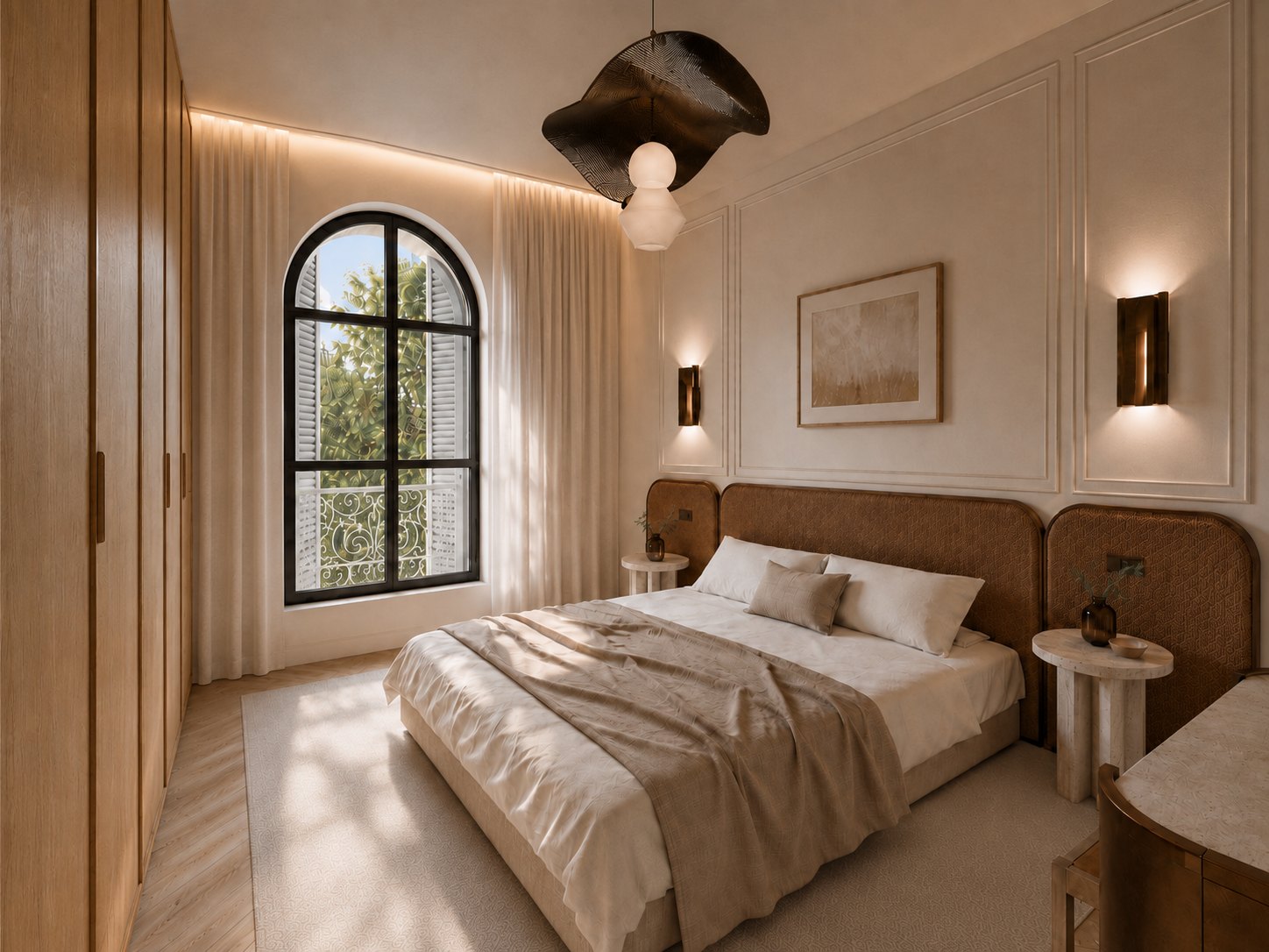 Rendu pro — chambre master depuis la porte